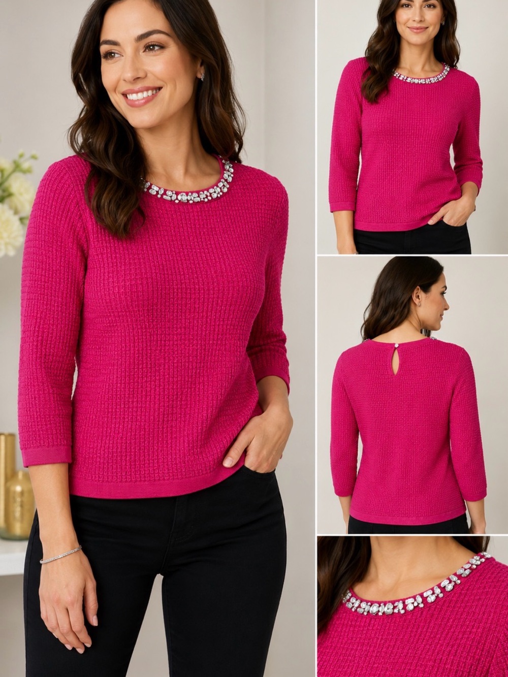 Adrianna Papell Embellished Sweater Top NWT Small Spicy Berry Pink